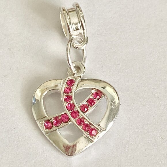 Pink Ribbon European Slider Clip On Charm For Bracelet Bag Purse Crystal Heart - Picture 4 of 11